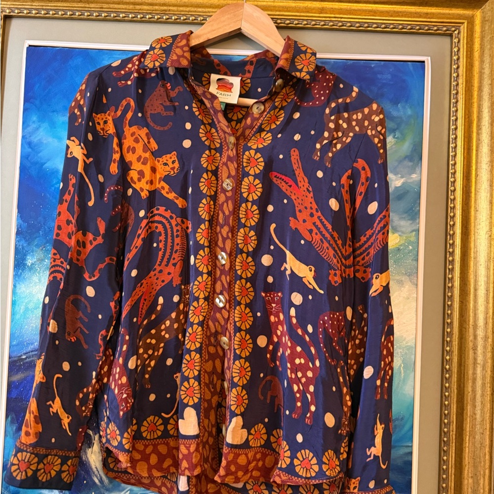 FARM Rio Navy Blue Button-Down Shirt with Orange and Yellow Animal Print